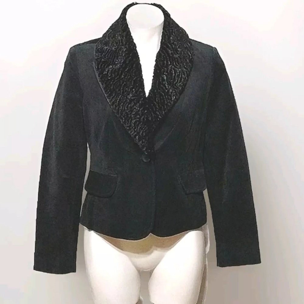 Vintage Valerie Stevens Detachable Faux Fur Collar Black Suede Leather Blazer PM